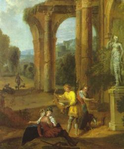 An Elegant Hunting Party Beside The Statue Of The Goddess Diana, Classical Ruins And A Mountainous Landscape Beyond