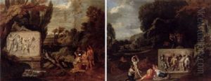 A Classical Landscape With Maiden Dancing By A Sacophagus Depicting The Triumph Of Silenus