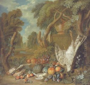 Fruit, Dead Songbirds And A Kestrel On A Forest Floor, A River Landscape With A Castle Beyond