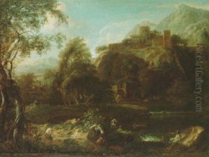 A Mountainous Italianate Landscape With Bathers In The Foreground, A Fortified Town Beyond