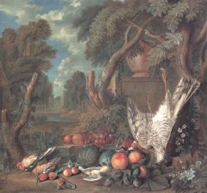 Parkland Landscape With A Falcon Suspended From A Bough Above Fruit