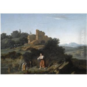 Nymphs Bathing And A Washingwoman Near Ruins In A Southern Landscape by Warnard van Rysen