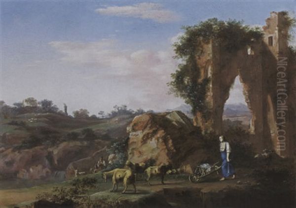 An Italianate Landscape With A Shepherd And His Flock, Together With A Woman Pushing A Wheelbarrow Near Classical Ruins - view 1