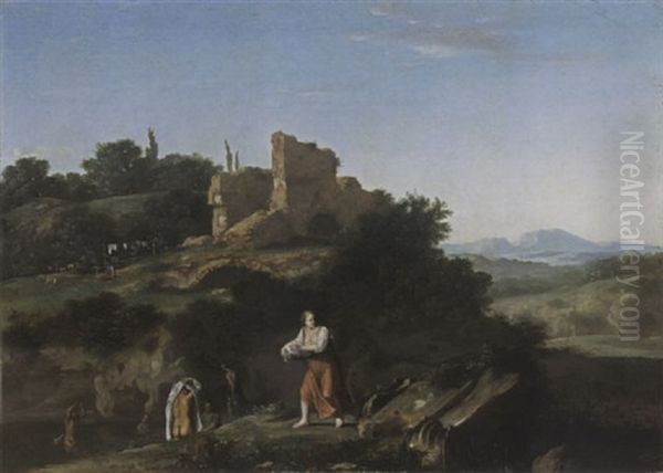 Nymphs Bathing And A Washerwoman Near Ruins In A Southern Landscape - view 1