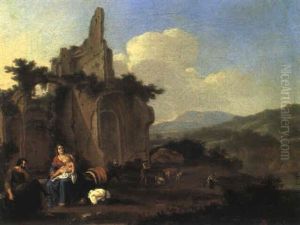 Gebirgige Flusslandschaft Mit Ruinen Und Der Ruhe Auf Der Flucht by Warnard van Rysen