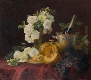 Still Life With White Roses, Pumpkin, Grapes And Champagne Bottle In An Ice Bucket