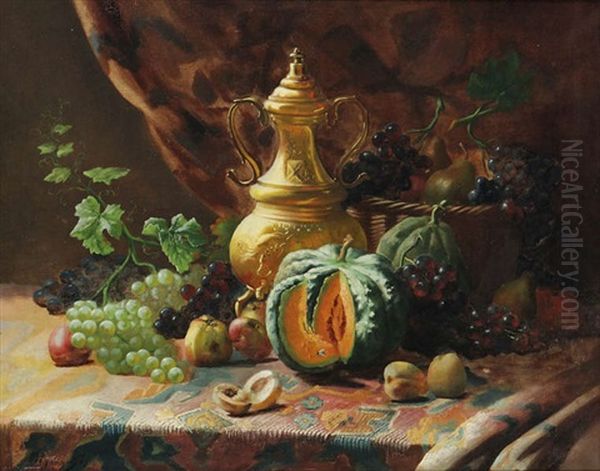 Stilleven Met Kraantjeskan En Fruit Op Tafel - view 1