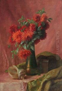 Nature Morte Aux Pivoines Rouges Dans Un Vase, Coquille Nautilus Et Boite A Bijoux Sur Une Table by Edward van Ryswyck