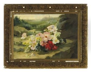 Still Life Of Flowers With Dragonflies In Front Of A Lake by Edward van Ryswyck