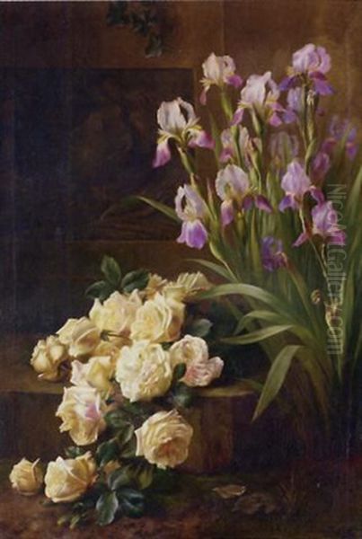 Pink Roses And Irises On A Stone Ledge - view 1