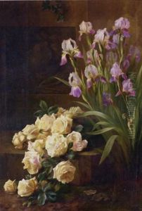 Pink Roses And Irises On A Stone Ledge Pink Roses And Irises On A Stone Ledge