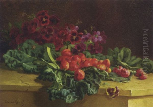 Still Life Of Strawberries, Pansies And Cabbage Leaves On A Marble Ledge - view 1