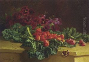 Still Life Of Strawberries, Pansies And Cabbage Leaves On A Marble Ledge Still Life Of Strawberries, Pansies And Cabbage Leaves On A Marble Ledge