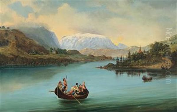 Norwegian Mountainscape With Wedding Party Crossing The River - view 1