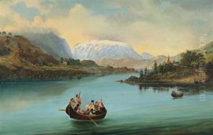 Norwegian Mountainscape With Wedding Party Crossing The River by Carl Anton Saabye