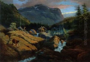 Partie Af Hallingdalen I Norge. En Bjorn Er Ved At Fortaere Sit Bytte