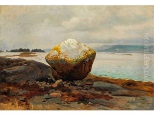 Kustenlandschaft Mit Grossen Felsbrocken Am Ufer by Georg Eduard Otto Saal