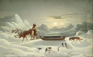 Winter Dusk Scene Of A Laplander With Reindeer Sleigh Pulling Coffin