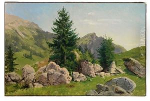 Besonnte Alpenlandschaft Mit Fels Und Baum by Georg Eduard Otto Saal