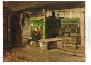 Blick In Eine Schwarzwaldstube Mit Kleinem Madchen Auf Der Ofenbank by Georg Eduard Otto Saal