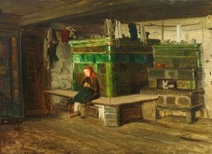 Blick In Eine Schwarzwaldstube Mit Kleinem Madchen Auf Der Ofenbank by Georg Eduard Otto Saal