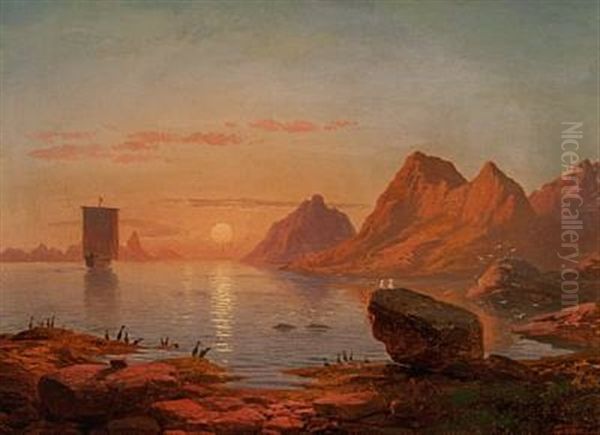View Of A Scandinavian Coast With A Sailing Ship In The Sunset - view 1