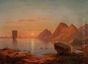 View Of A Scandinavian Coast With A Sailing Ship In The Sunset