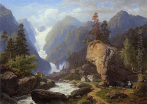 Gebirgstal Mit Einem Gletscher Im Sonnenlicht by Georg Eduard Otto Saal