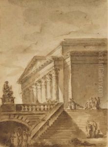 Un Escalier Montant A Un Temple Romain Avec Des Figures by Juste Nathan Boucher
