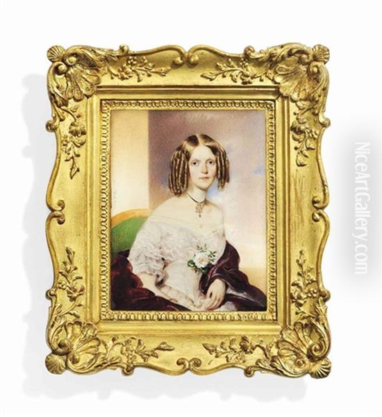 A Young Lady, Seated On A Green Upholstered Chair, Wearing A Pale Pink Dress With Lace Fichu, A White Rose With Foliage At Corsage, Velvet Maroon Shawl Draped Around Her Arms - view 1