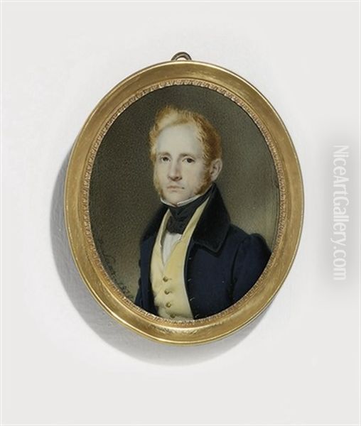 A Young Gentleman, In Blue Coat With Black Collar, Ochre Waistcoat With Gold Buttons, White Shirt And Black Knotted Cravat, Fair Hair And Sideburns - view 1