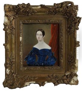 Portrait Of Susan Westrapp Wearing A Blue Velvet Dress By A Red Curtain