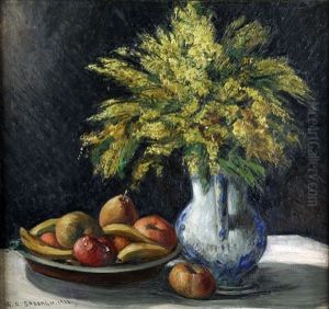 Huile Sur Toile Nature Morte Aux Mimosas Et Fruits