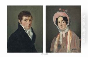 Portrait Of A Man, Half-length, In A Black Coat And Neckcloth And Portrait Of A Woman, Half-length, In A Pink Dress And Bonnet With Flowers (pair) by Francois Jean (Jean Francois) Sablet