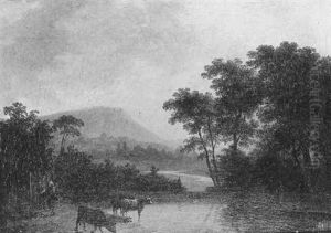 Troupeau S'abreuvant A La Riviere Dans La Campagne Romaine by Francois Jean (Jean Francois) Sablet
