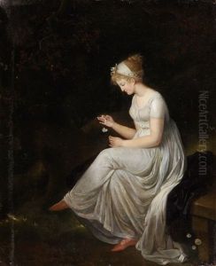 Junge Dame In Empirekleid, An Einer Margueriten-blute Zupfend Junge Dame In Empirekleid, An Einer Margueriten-blute Zupfend