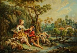 Pastoral Scene With Young Lovers Seated By A Stream by Francis Bouchet