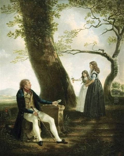 Un Pere Et Ses Deux Filles Dans Un Paysage - view 1