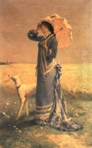 Elegante A L'ombrelle Et Au Levrier by Emile Sacre