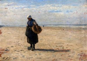 Strandgezicht Met Vissersvrouw by Philip Lodewijk Jacob Frederik Sadee
