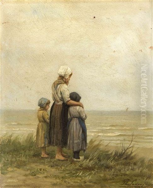 Drei Kinder Stehen Auf Einer Dune Und Blicken Auf Das Meer Hinaus - view 1