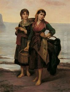 Zwei Junge Fischerinnen Am Strand by Philip Lodewijk Jacob Frederik Sadee