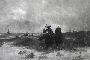 Dunenlandschaft Bei Scheveningen Mit Fischerfrauen Und Kindern