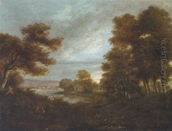 A Wooded River Landscape With Figures Carrying A Cross And Buildings And A Bridge Beyond - view 1