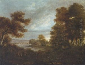 A Wooded River Landscape With Figures Carrying A Cross And Buildings And A Bridge Beyond by William Sadler the Elder