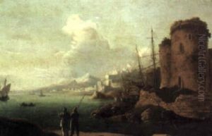 Italianate Harbor Scene With Two Figures In The Foreground by William Sadler the Elder
