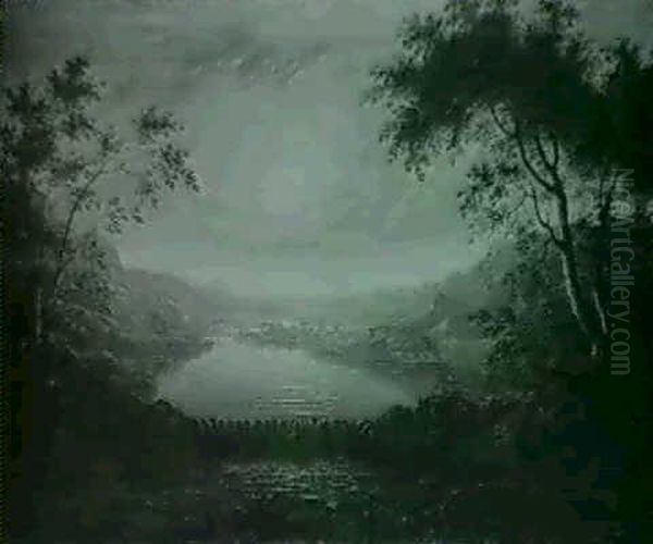 Extensive River Landscape With A Waterfall By Moonlight - view 1