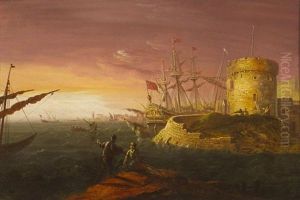 Maritime Scene With Martello Tower And Tall Ships