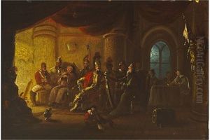Group Of Soldiers With Monk And Harpist In Interior Of Castle