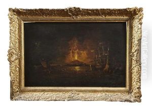 A Capriccio Nightscape Of The Bay Of Naples With The Vesuvius Erupting by William Sadler the Younger